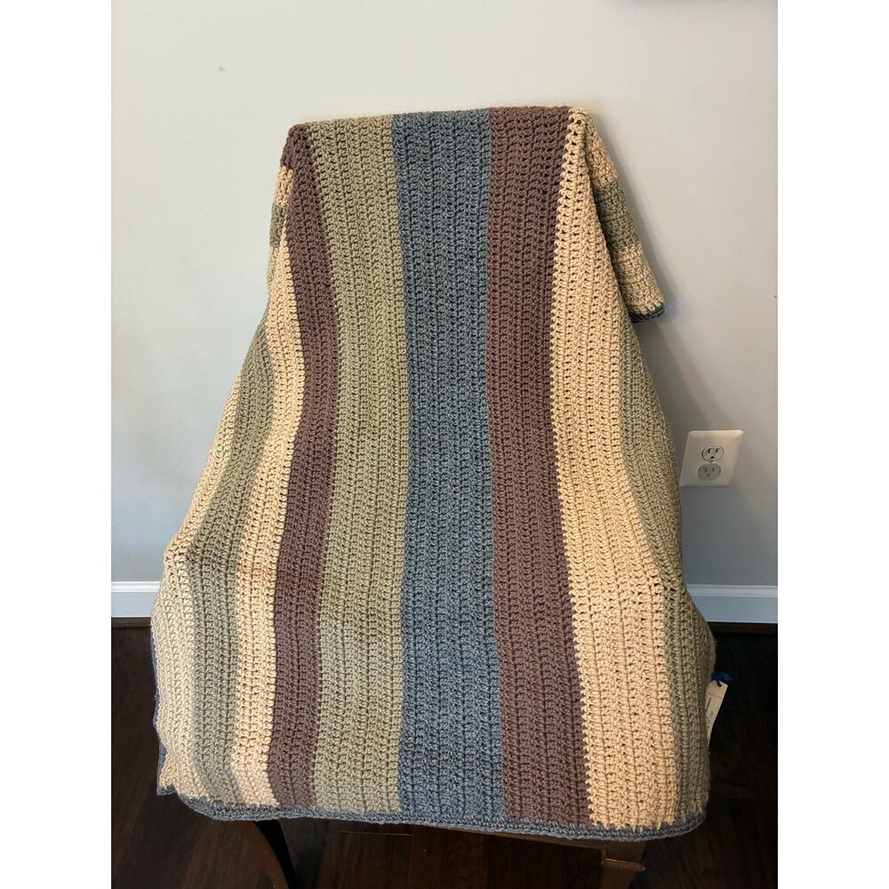 Handmade Crochet Throw Blanket 38x38 Neutral Striped Afghan Cozy Cottage Decor